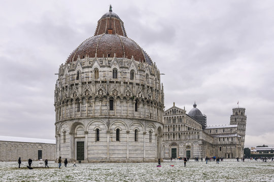 Piazza dei Miracoli, Pisa, Tuscany, Italy, after a snowfall