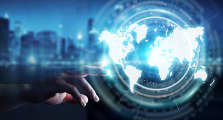 Businessman using digital world map interface 3D rendering