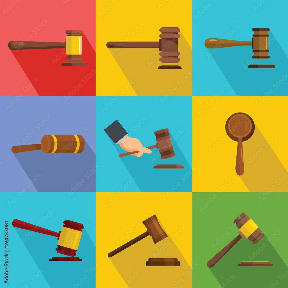 Poster judge hammer icons set. flat illustration of 9 judge hammer vector icons for web