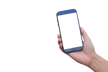 hand holding blank smart phone on white background