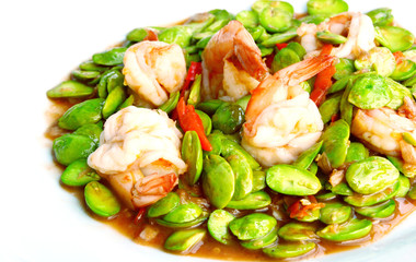 Stir Fried Shrimp with stink bean or bitter  bean and Shrimp Paste Southern Thai Style Food