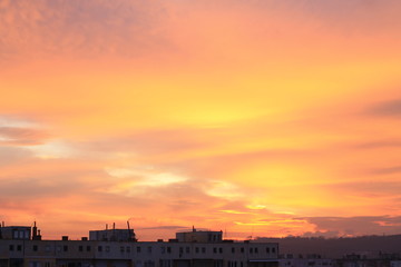 A beautiful sunrise over city, captured in a frosty morning in mid winter season