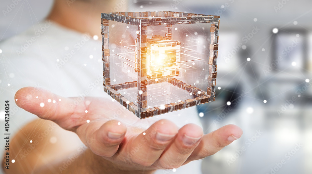 Fototapete Businessman using futuristic cube textured object 3D rendering