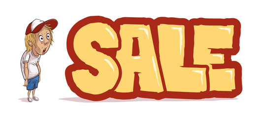 Sale banner with shocked boy