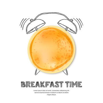 Tasty pancake, letters and hand drawn watercolor alarm clock isolated on white background. Vector design for breakfast menu, cafe, restaurant. Fast food background.