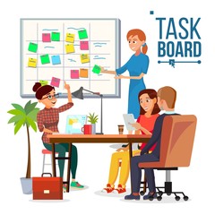 Business Characters Scrum Team Work Vector. Scrum Master. Strategy Planning Meeting. Sticky Note Cards. Isolated Flat Cartoon Illustration