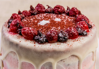 round cake with berries and cream photographed close-up