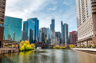 Fototapeta na wymiar View of Chicago cityscape from Chicago River Illinois, United States