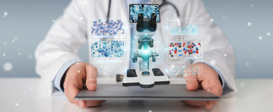 Doctor using modern microscope with digital analysis 3D rendering