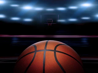 Fototapeten An indoor basketball court with an orange ball on an unmarked wooden floor under illuminated floodlights © Retouch man