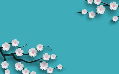 Floral background decorated blooming cherry flowers branch, bright blue backdrop for spring time season design. Banner, poster, flyer with place for your text. Paper cut out style, vector illustration