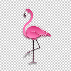 Pink flamingo standing on one leg. African exotic bird, cool sticker for birthday cards, party invitations, for tropical design element. Summer decoration, paper cut out style, vector illustration - obrazy, fototapety, plakaty