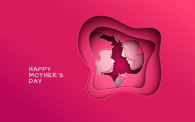 Mother's day greeting banner, abstract cuted shape on red backdrop. Woman & baby silhouettes, congratulation text. Pink design element for holiday banner, poster. Paper cut style, vector illustration
