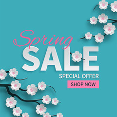 Spring sale floral banner with paper cut blooming pink cherry flowers on blue background for seasonal design of banner, flyer, poster, web site. Paper cut out art style, vector illustration