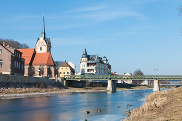View of the famous panorama "Untermhaus" in Gera with bridge and the church Marienkirche. 