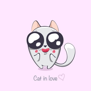 A Loving Cat With Hearts In Big Eyes. A Cartoon Animal. Vector Illustration