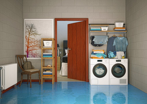 stanza lavanderia, lavatrice, biancheria, illustrazione 3d