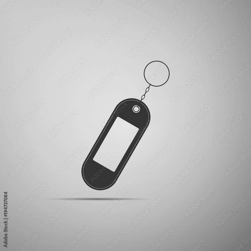 Poster key chain icon isolated on grey background. blank rectangular keychain with ring and chain for key. 