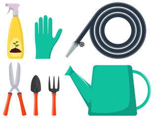 Set of gardening tools. Watering can, garden hose, spray gun, gloves, pruner, shovel, rake. Vector illustration in flat style.