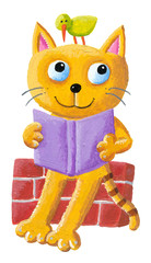 Cute cat and bird reading book