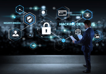 Businessman watching antivirus interface on a rooftop 3D rendering