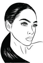 Hand-drawn girl with silky hair and luxurious eye with perfectly shaped eyebrows and full lashes. Idea for business visit card, typography vector. Perfect salon look.