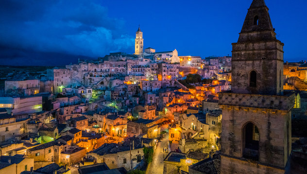 Scenic sight in the "Sassi" district of Matera at sunset, Basilicata, southern Italy.