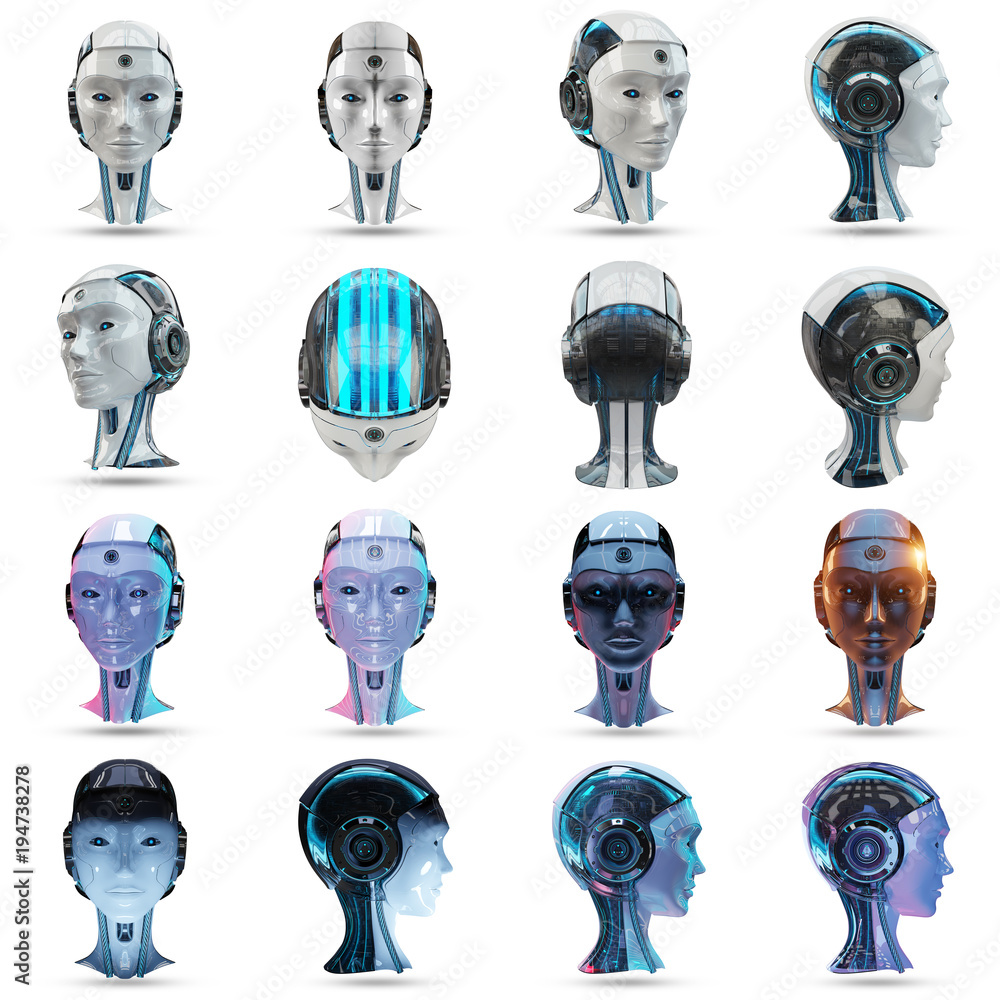 Poster cyborg head artificial intelligence pack 3d rendering