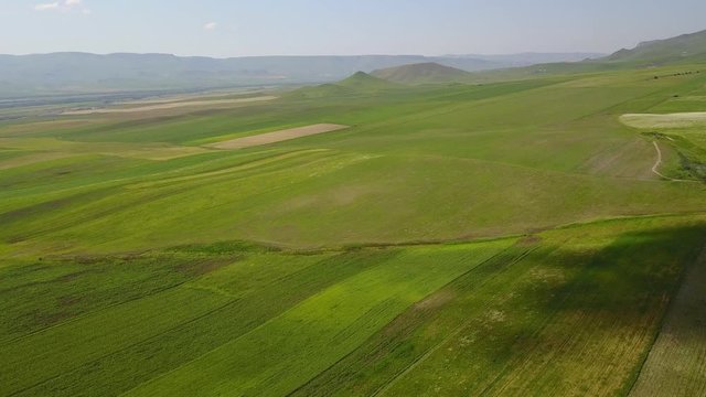 Road among green fields in Cherkessk, Karachaevo-Cherkessia. Beautiful view from above, shooting from a quadopter, 4K