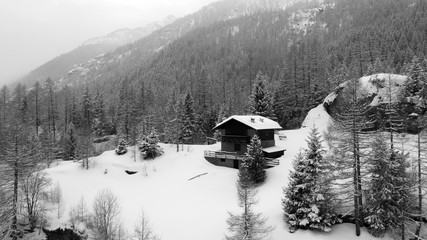 Chalet in a forest, winter season. Trees covered with snow