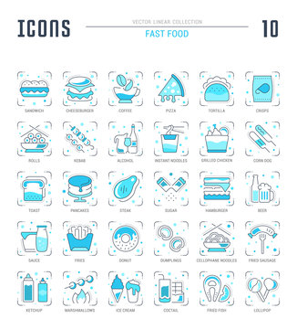 Set Blue Line Icons of Fast Food.