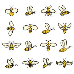 Bee Icons Colour. Bees. Set of bee for honey production. insect icons. Flying bee. vector illustration
