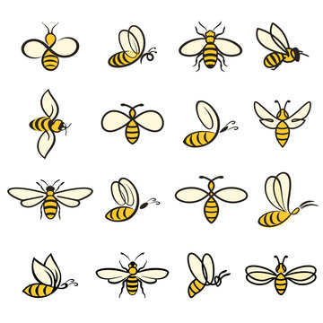 Bee Icons Colour. Bees. Set of bee for honey production. insect icons. Flying bee. vector illustration
