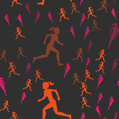 Fototapeta na wymiar Colored silhouette of a running gir. Run, sport, active people. Seamless pattern.