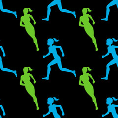 Colored silhouette of a running gir. Run, sport, active people. Seamless pattern.