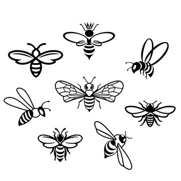 Honey Icons set. Honey bee set. Vector. Set of honey and bee labels for honey logo products. Isolated insect icon. Flying bee. Flat style vector illustration.