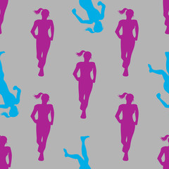 Colored silhouette of a running gir. Run, sport, active people. Seamless pattern.
