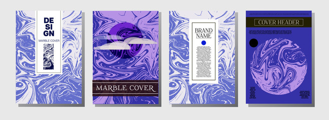 Fototapeta na wymiar Hawaii Purple Blue Marble Ink Texture Cover Set. A4 Vector Liquid Paint Fashion Magazine Design. Ebru Ink Wash Tropical Package Background. Corporate Identity Exotic Marble Ink Texture Cover.