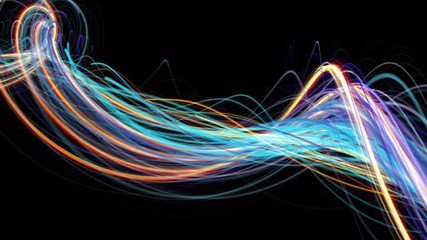 A minimalist background animation of flowing streaks of light with multicolored abstract blue and red lines on dark background, with alpha channel for compositing