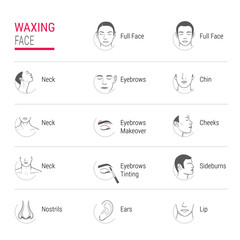 waxing face icons. waxing face. Area hair removal icons, marked epilation zones for your design
