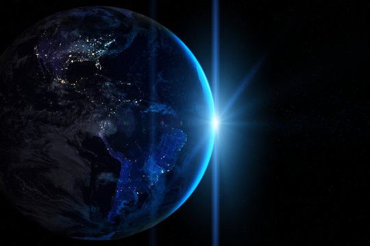 Fototapeta Earth in the space. Beautiful blue sunrise. Elements of this image furnished by NASA.