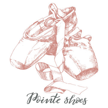 Illustration, hand drawn  pair of well-worn ballet pointes shoes