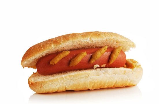 hot dog, sausage and mustard bun