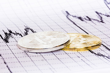 Bitcoin on defocused chart background. Virtual cryptocurrency concept.