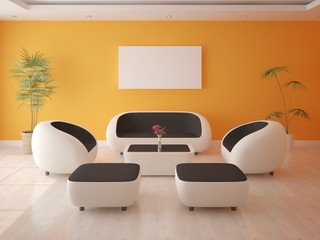 Mock up a stylish living room with an unusual design of upholstered furniture and a bright background.