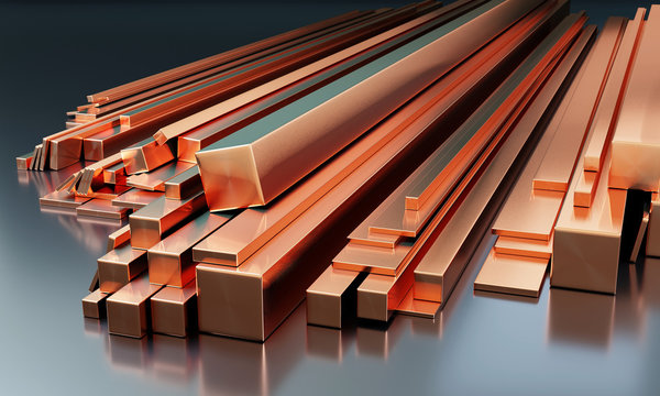 Stack of copper bars on dark background with reflections on the ground. Different sizes - 3D illustration