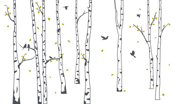 Birch Tree with deer and birds Silhouette Background © radenmas