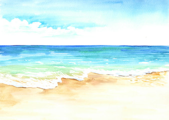 Summer tropical beach with golden sand and wave. Hand drawn watercolor illustration