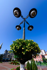 Lamp post with flower basket over blue sky