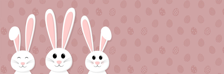 Obraz na płótnie Canvas Easter bunnies on a background with eggs. Concept of a panoramic header with copyspace for Easter. Vector.